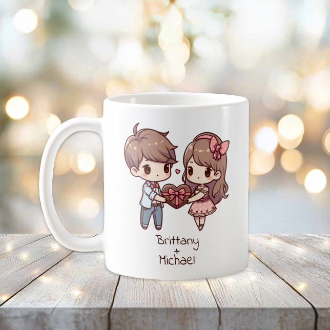 Personalised Chibi-Style Valentine Couple  Coffee Mug (Cute Personalized Chibi-style Valentine Couple mug)