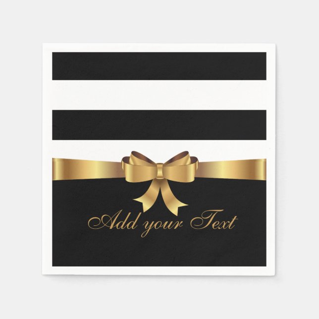 Personalised Chic Black Stripes Gold BOW your text Napkin (Front)