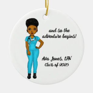 Personalised Chic Black Woman Nursing Graduation Ceramic Tree Decoration