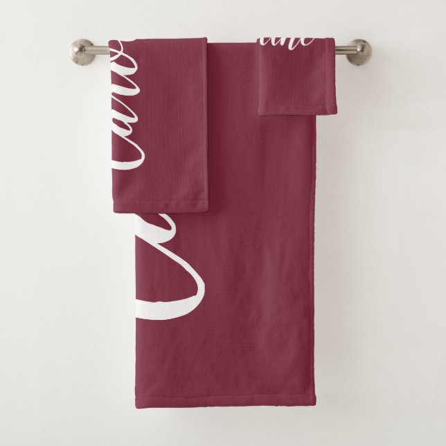 Personalised Chic Calligraphy Name Burgundy Red Bath Towel Set (Insitu)
