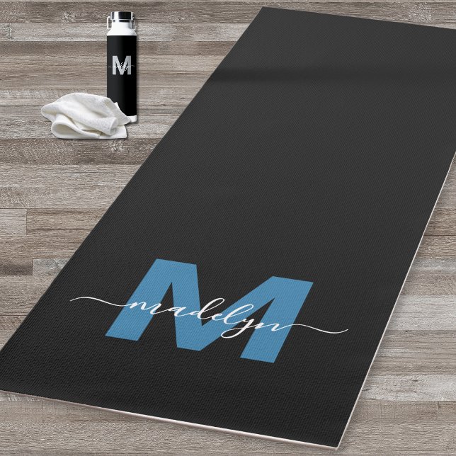 Personalised Chic Calligraphy Name Monogram Blue Yoga Mat (Personalized Chic Calligraphy Name Monogram Blue Yoga Mat)