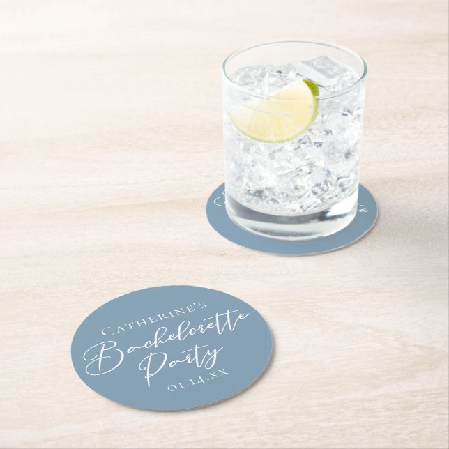 Personalised Chic Dusty Blue Bachelorette Party Round Paper Coaster (Insitu)
