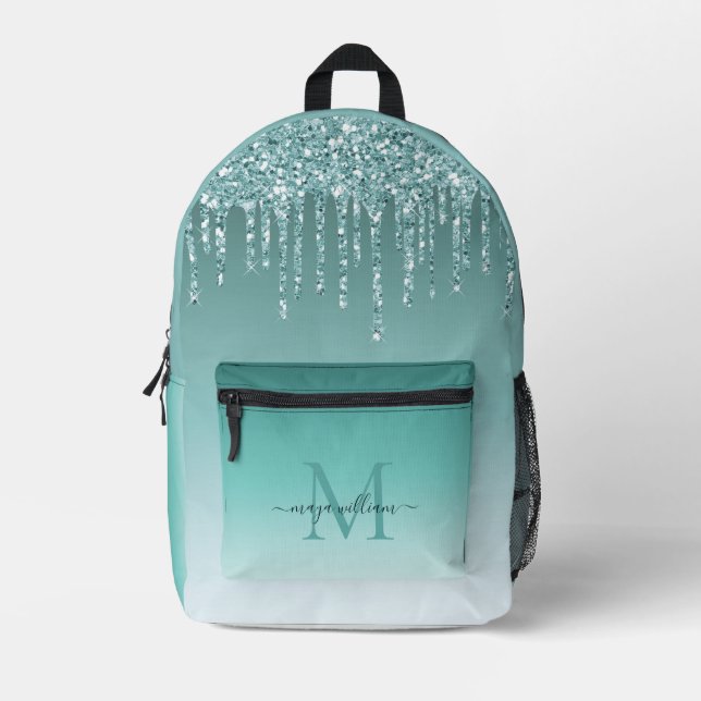 Personalised Chic Dusty Blue Glitter Drips Glam Printed Backpack (Front)