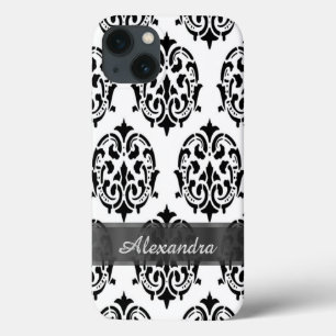 Personalised chic elegant black and white damask iPhone 13 case