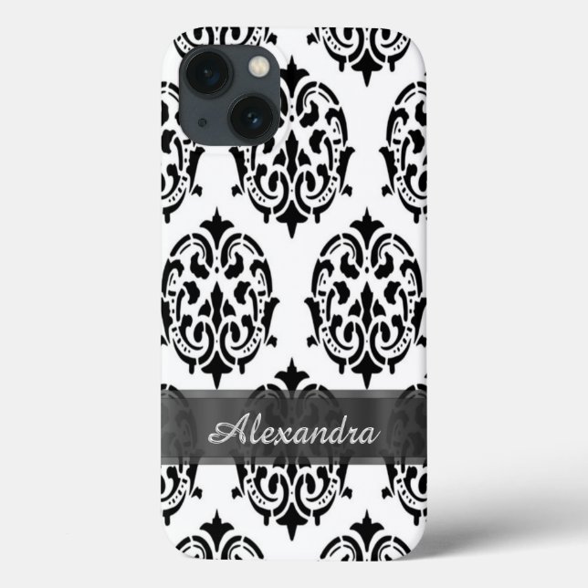 Personalised chic elegant black and white damask Case-Mate iPhone case (Back)