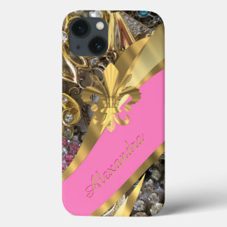 Personalised chic elegant gold and pink bling iPhone 13 case