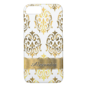 Personalised chic elegant gold and white damask iPhone 8/7 case