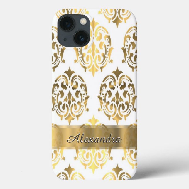 Personalised chic elegant gold and white damask Case-Mate iPhone case (Back)