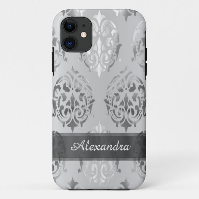 Personalised chic elegant silver grey damask Case-Mate iPhone case (Back)