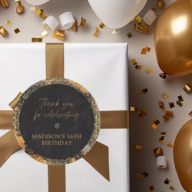 Personalised Chic Glitter Black and Gold Thank You Classic Round Sticker (Creator Uploaded)