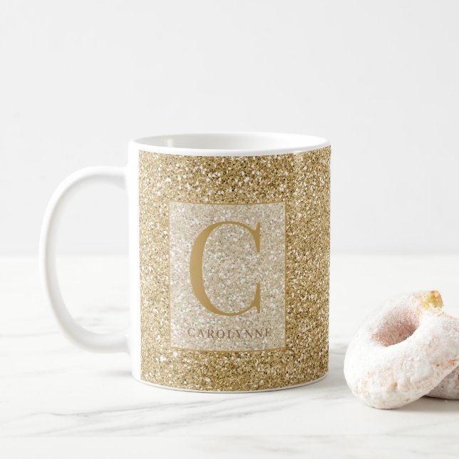 Personalised Chic Gold Glitter Bling Monogram Coffee Mug (With Donut)