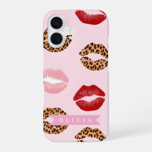 Personalised Chic Pink Leopart Print Lip Pattern iPhone 16 Case