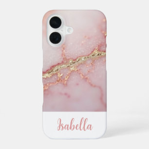 Personalised Chic Pink Marble Gold iPhone 16 Case