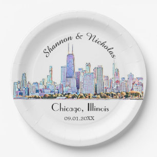 Personalised Chicago Skyline Wedding Paper Plate