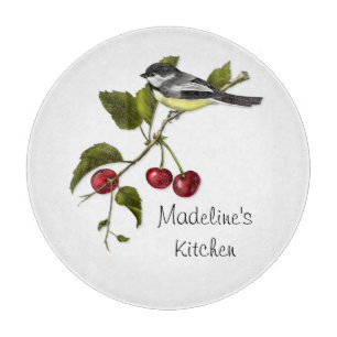 Personalised Chickadee and Cherries on Branch Cutting Board