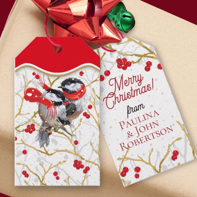 Personalised Chickadees Christmas Gift Tags (Beautiful personalized tag with two-sided chickadee couple & berries design.)