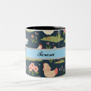 Personalised Chicken and Flowers Two-Tone Coffee Mug