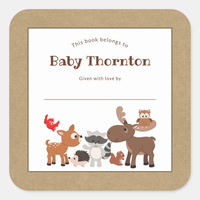 Personalised child's bookplate, woodland animals square sticker (Front)