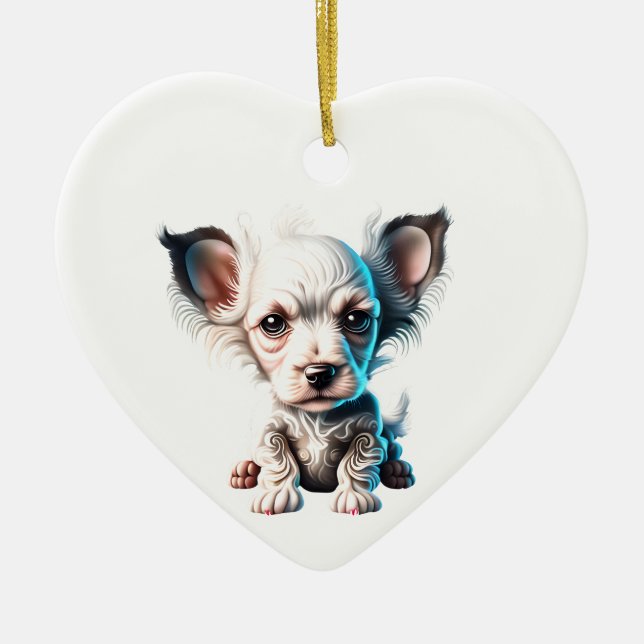 Personalised Chinese Crested Puppy Ceramic Tree Decoration (Front)