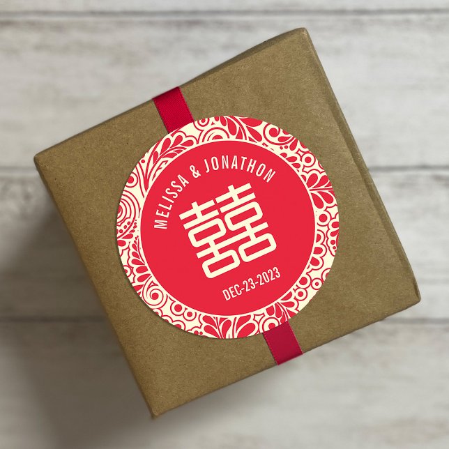Personalised Chinese Wedding Double Happiness Classic Round Sticker (Creator Uploaded)