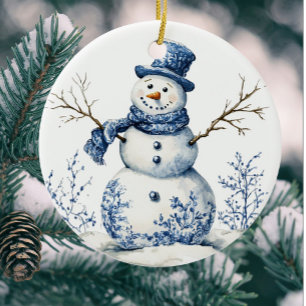 Personalised Chinoiserie Blue White Snowman Ceramic Tree Decoration