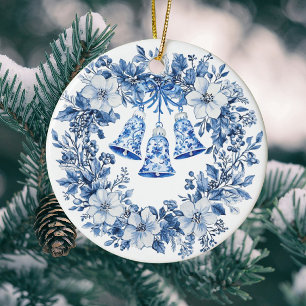 Personalised Chinoiserie Blue White Wreath Bells Ceramic Tree Decoration