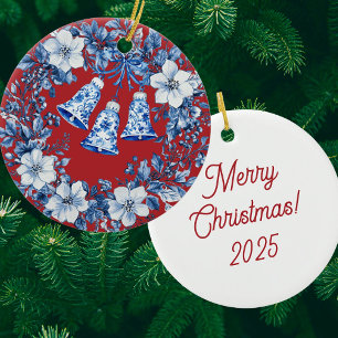 Personalised Chinoiserie Blue White Wreath Bells Ceramic Tree Decoration