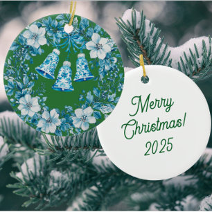 Personalised Chinoiserie Blue White Wreath Bells Ceramic Tree Decoration