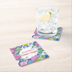 Personalised Chinoiserie Preppy Mahjong Game Night Square Paper Coaster