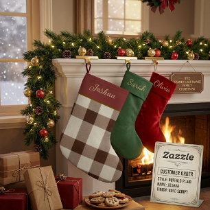 Personalised Chocolate Brown Buffalo Plaid  Large Christmas Stocking