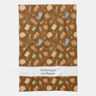 Personalised Chocolate Brown Garden Tools Pattern Tea Towel