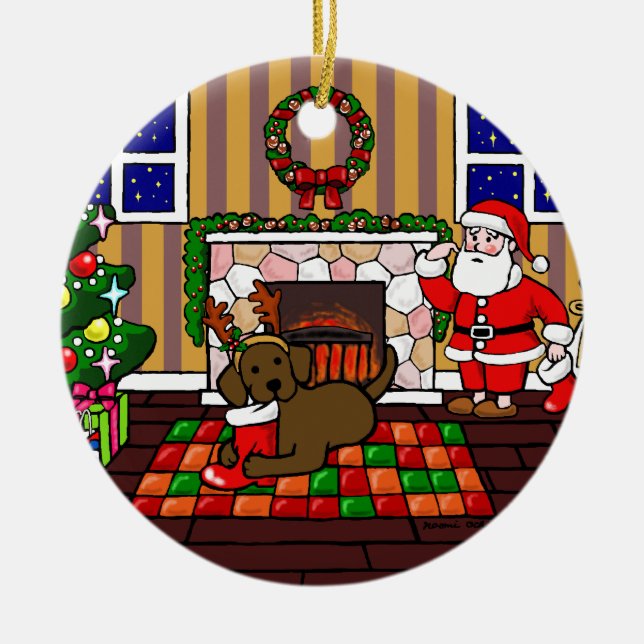 Personalised Chocolate Lab Christmas Cartoon Ceramic Tree Decoration (Front)