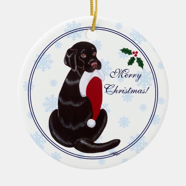 Personalised Chocolate Lab Christmas Santa Hat Ceramic Tree Decoration (Front)