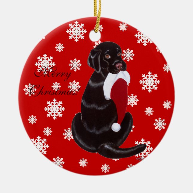 Personalised Chocolate Lab Christmas Santa Hat Ceramic Tree Decoration (Front)