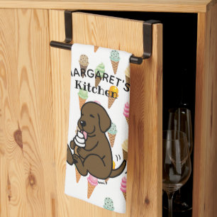 Personalised Chocolate Lab Licking Ice Cream Tea Towel