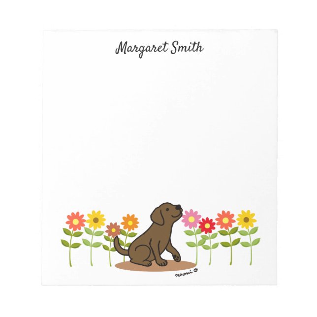 Personalised Chocolate Labrador Green and Flowers Notepad (Front)