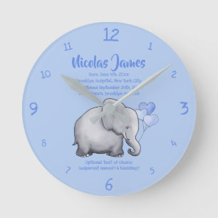 Personalised Christening Date Baby Blue Elephant Round Clock