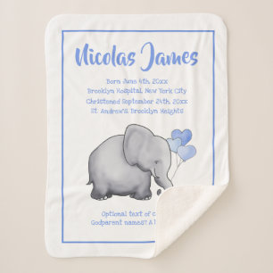 Personalised Christening Date Baby Blue Elephant Sherpa Blanket