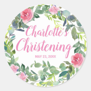 Personalised Christening Sticker with Pink Flowers