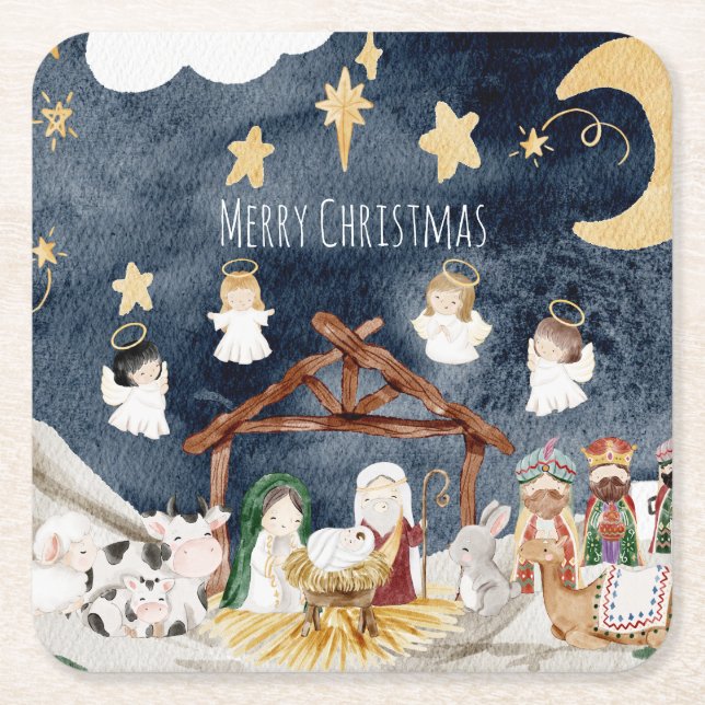 Personalised Christian Christmas Kids Nativity Square Paper Coaster (Front)