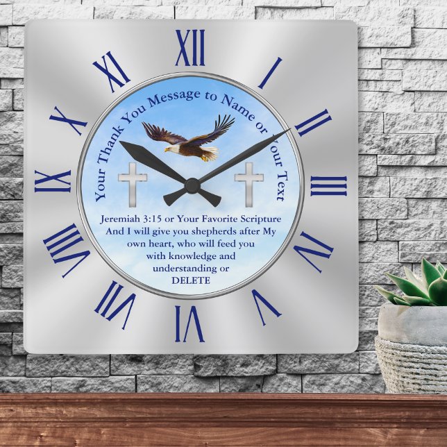 Personalised Christian Gifts for Pastors Christian Square Wall Clock (Appreciation gifts for church leaders. Scripture, Christian wall clock. Gifts for pastors. Eagle.)