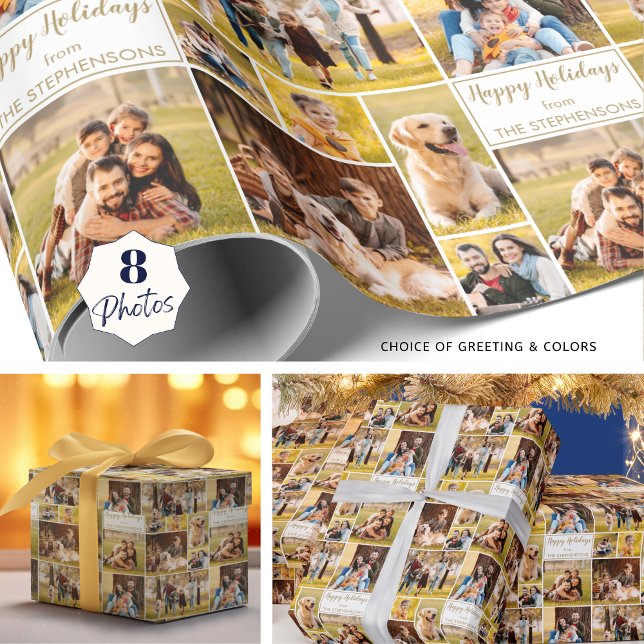 Personalised Christmas 8 Photo Collage Wrapping Paper (Creator Uploaded)