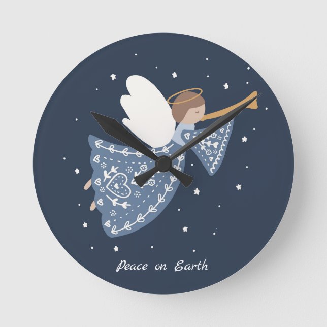 Personalised Christmas Angel Holiday Peace Earth Round Clock (Front)