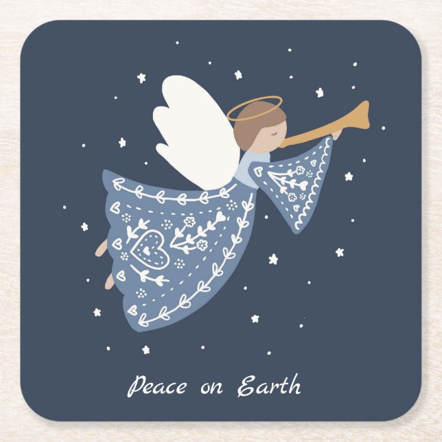 Personalised Christmas Angel Holiday Peace Earth Square Paper Coaster (Front)