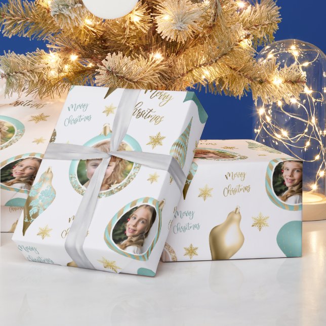 Personalised Christmas Aqua Gold Photo Ornament Wrapping Paper (Holidays)