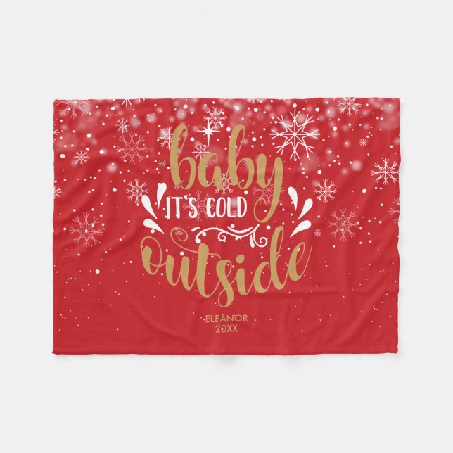 Personalised Christmas Baby It's Cold Outside Fleece Blanket (Front (Horizontal))