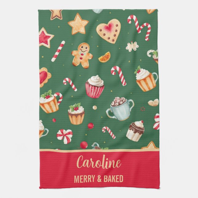 Personalised Christmas Baking Pattern Tea Towel (Vertical)