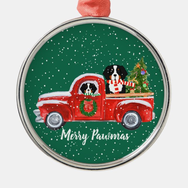 Personalised Christmas Berner Dogs Red Truck Metal Tree Decoration (Front)
