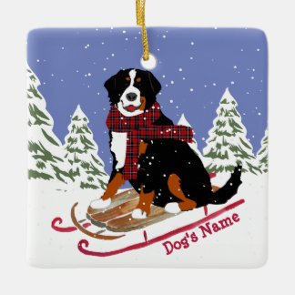 Personalised Christmas Bernese Mt Dog Sledding Ceramic Tree Decoration