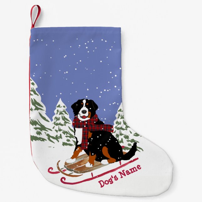 Personalised Christmas Bernese Mt Dog Sledding Small Christmas Stocking (Front)